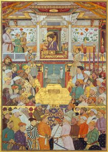 Padshahnama 10. lemez: Shah-Jahan fogadja három legidősebb fiát és Asaf Khant a csatlakozási ceremóniákon (1628. március 8.)